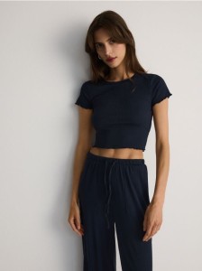 Krótki prążkowany t-shirt - ciemnoszary