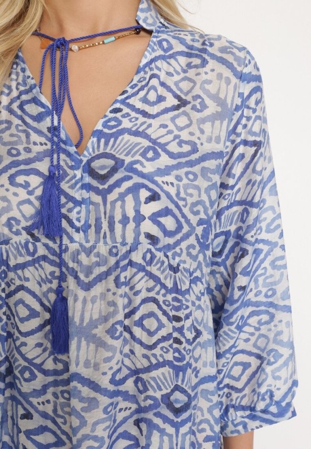 Niebieska Rozkloszowana Sukienka w Stylu Boho Wiązana przy Dekolcie z Falbankami Dimasia