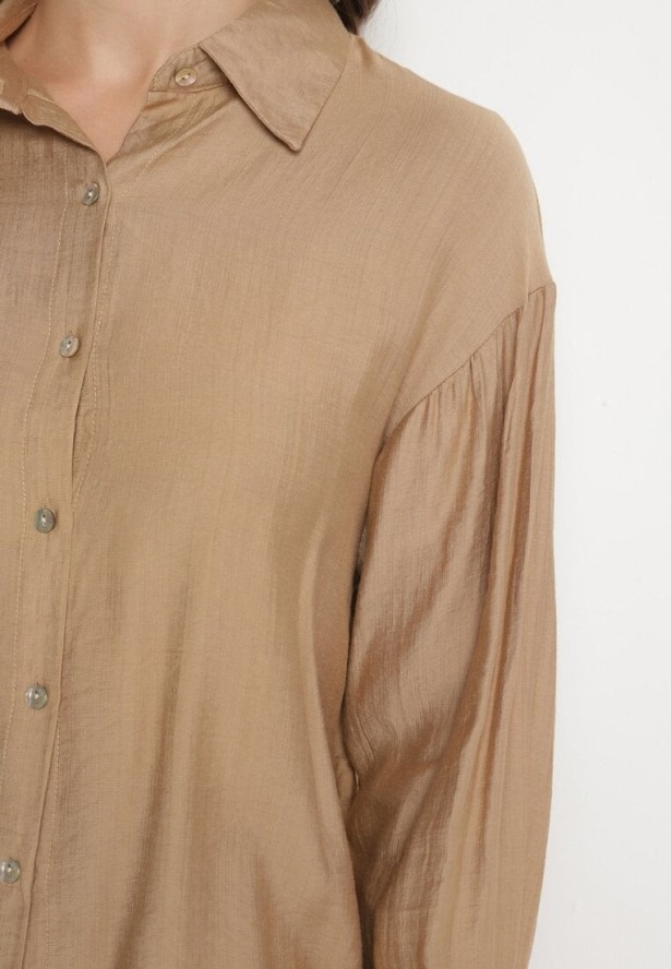 Ciemnobeżowy Wiskozowy Komplet z Koszulą i Spodniami o Szerokim Kroju Eleaviana