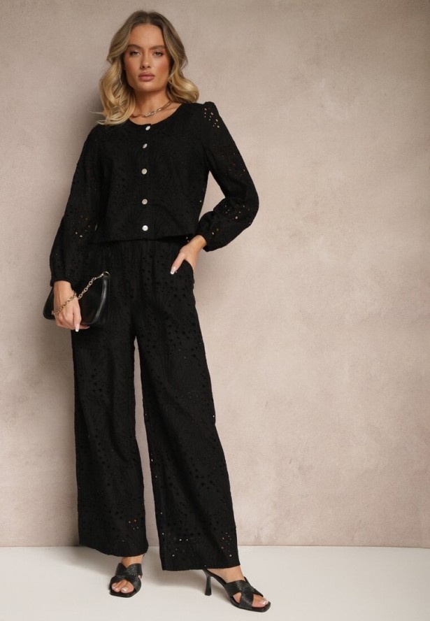 Czarna Bawełniana Koszula Ozdobiona Haftem Fonliria