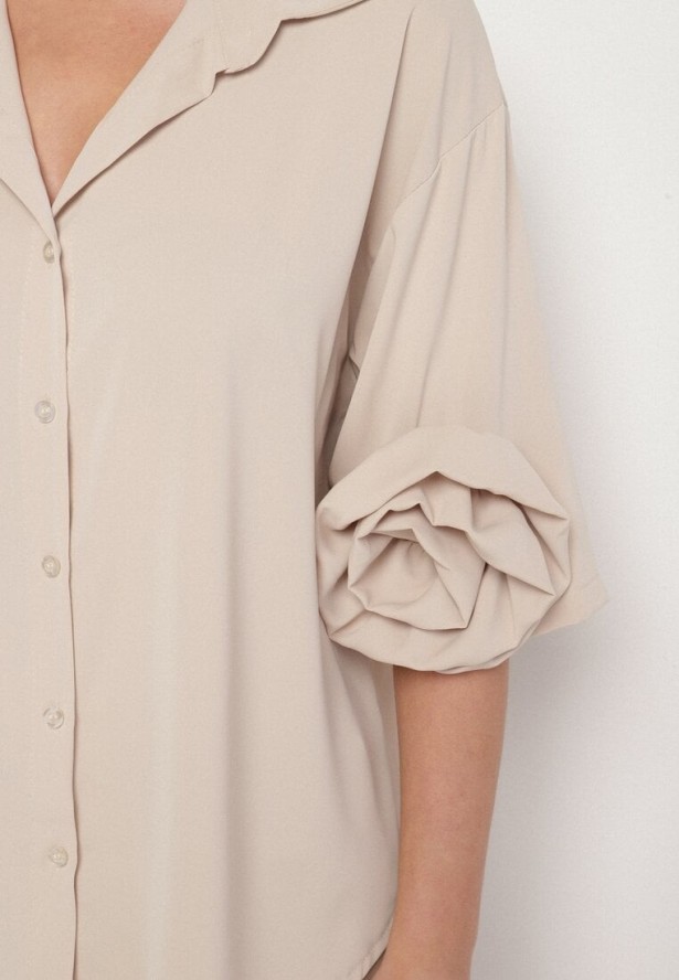 Beżowa Koszula z Aplikacjami Kwiatów 3D Tenemara