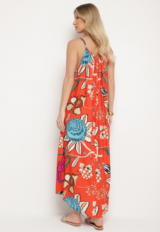 Czerwona Sukienka z Wiskozą i Lnem w Kwiaty Rinetia