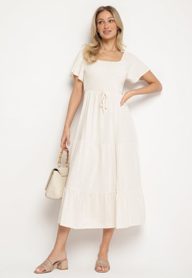 Jasnobeżowa Sukienka z Wiskozą Lnem i Elastyczną Górą Ellisena