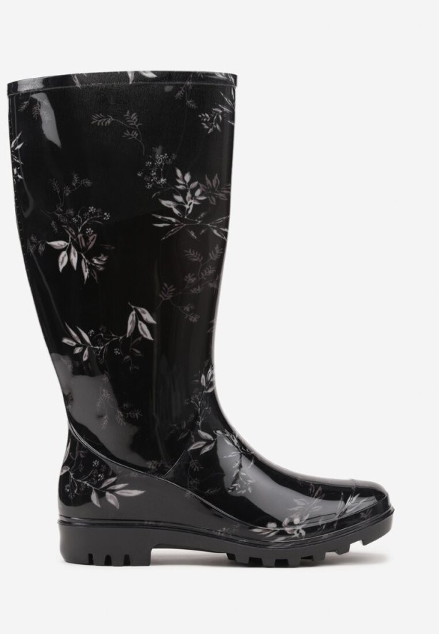 Czarne Kalosze ze Wzorem Liści Rilenella