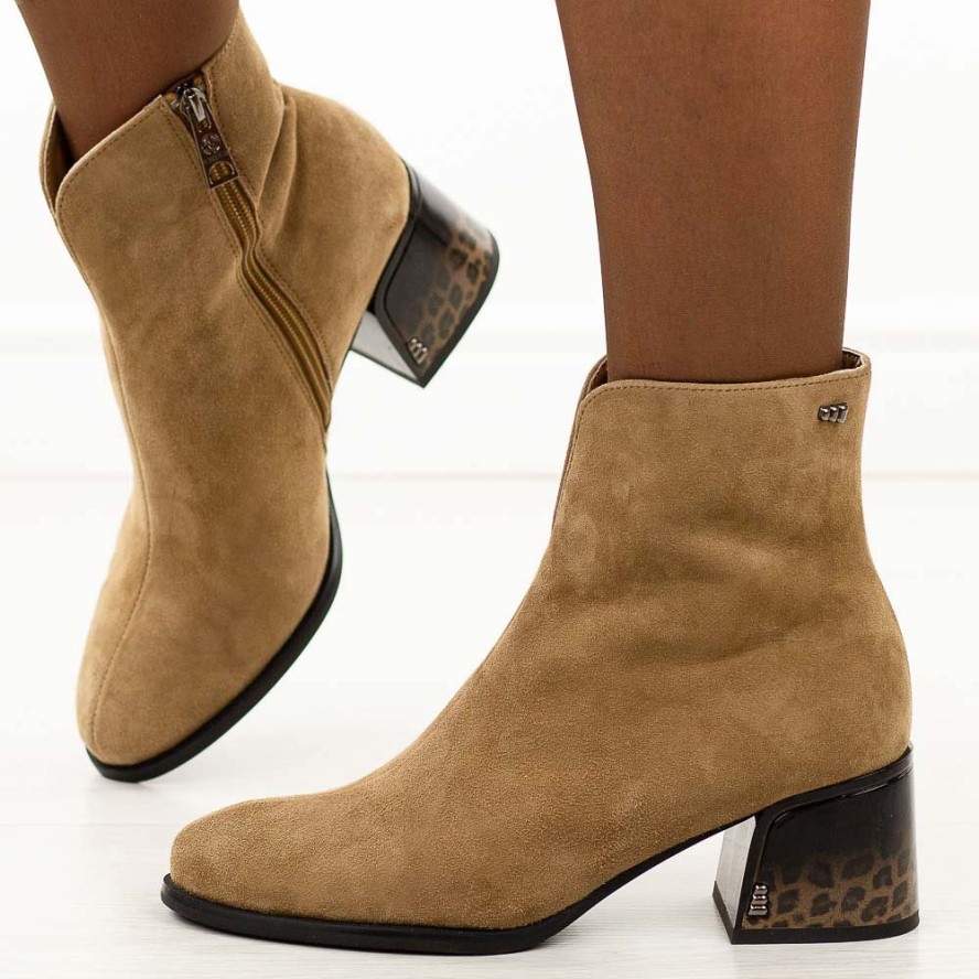 Camelowe zamszowe skórzane botki damskie na obcasie Vinceza 66806