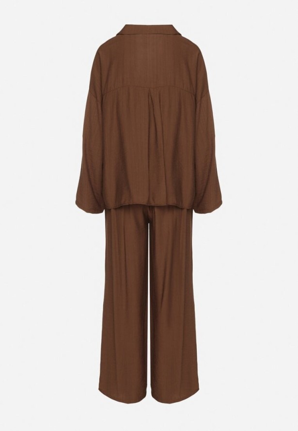 Brązowy Wiskozowy Komplet Oversize Koszula i Spodnie z Gumką w Talii Natilira