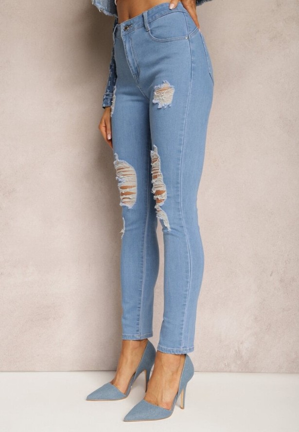 Niebieskie Jeansy Skinny Push-Up z Przetarciami z Przodu i Suwakiem Randda