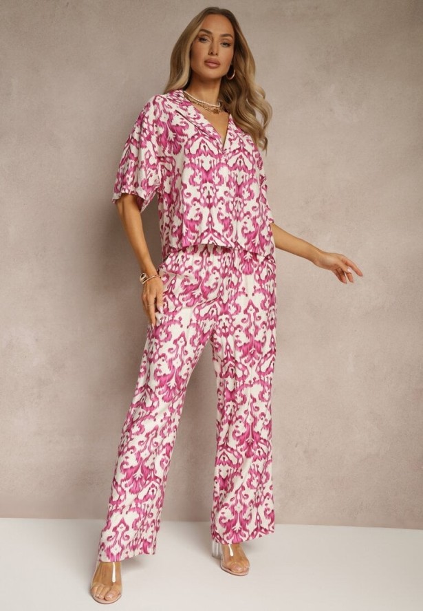 Różowy Wiskozowy Komplet w Ornamentalny Print Koszula i Szerokie Spodnie Sarilsa
