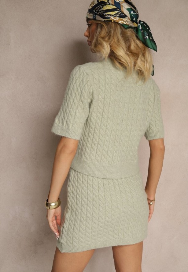 Jasnozielony Kardigan z Wełną i Ozdobnymi Guzikami i Tłoczeniem Halanira