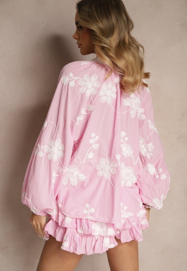 Różowy Komplet z Bawełny Spódnico-Spodenki i Koszula z Szerokimi Rękawami Savalene