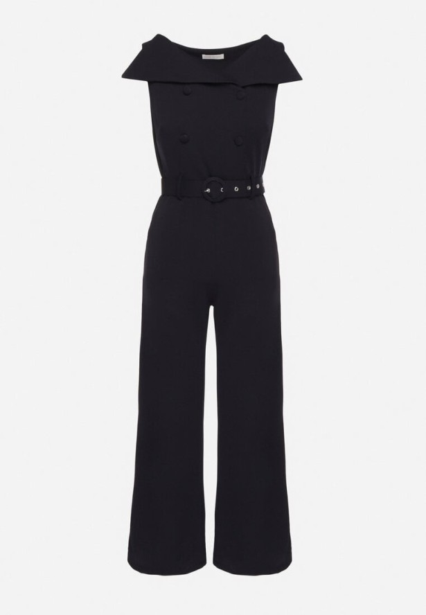 Granatowy Kombinezon z Wywijanym Dekoltem w Łódkę i Paskiem z Klamrą Galithiela