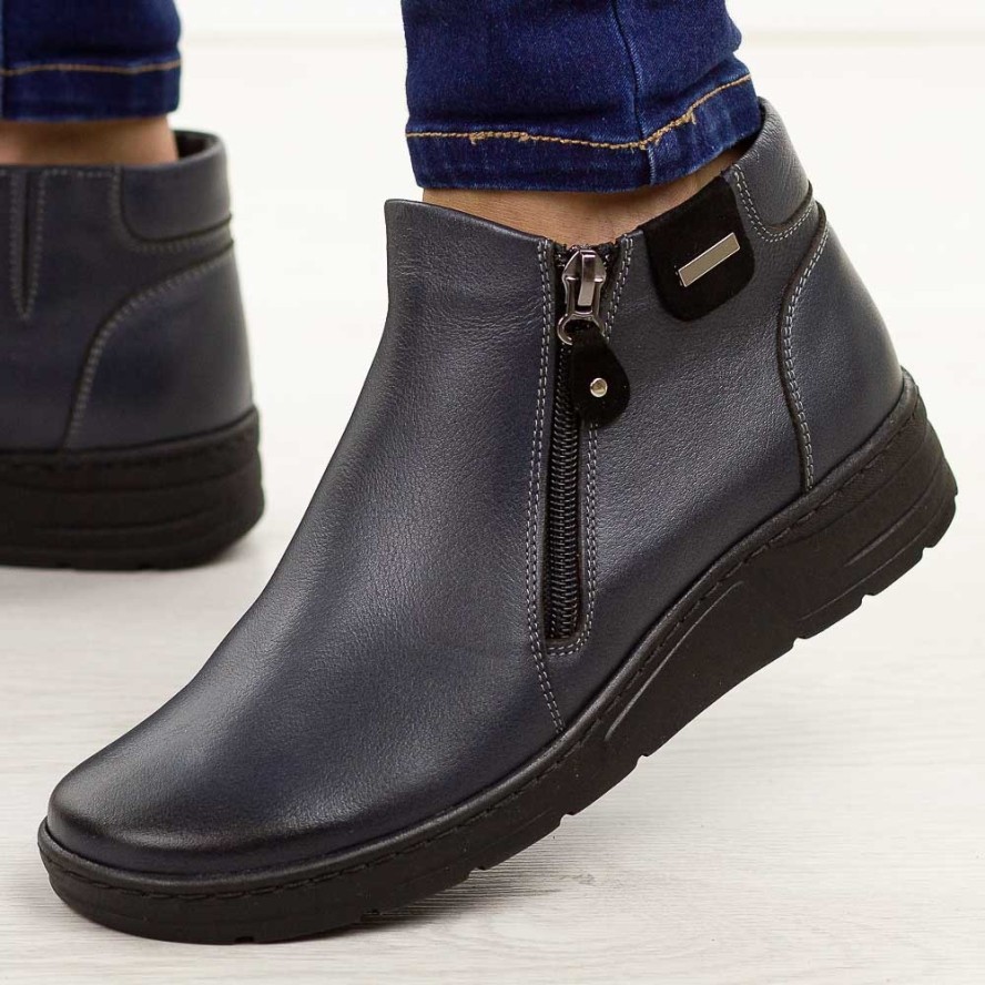 Granatowe skórzane Polskie botki damskie zimowe Deoni D468