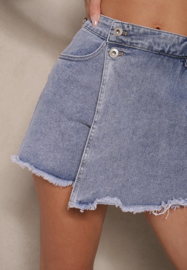 Niebieskie Spódnico-Szorty z Denimu Zdobione Zakładką Ulorela