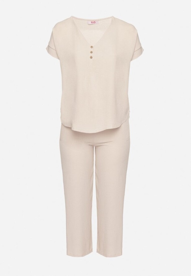 Jasnobeżowy Komplet o Fasonie Oversize Bluzka i Szerokie Spodnie Amisora