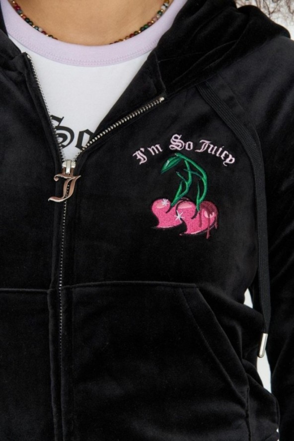 JUICY COUTURE Czarna welurowa bluza dresowa damska z haftowanymi wisienkami, Rozmiar L