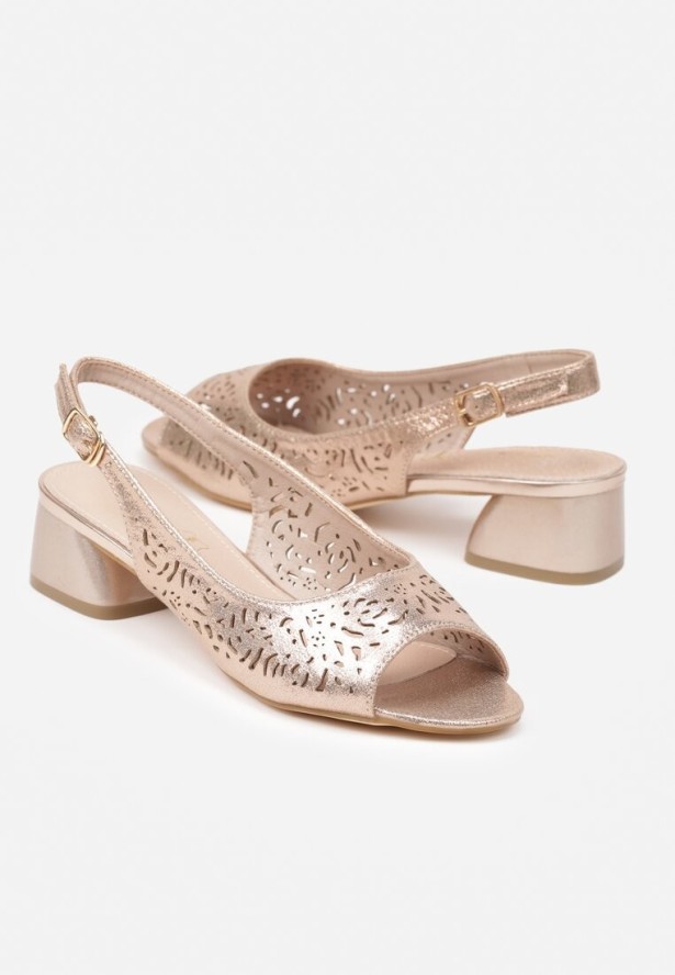 Szampańskie Sandały Vices na Słupku ze Skórzaną Wkładką i Ażurowym Wzorem Filavira