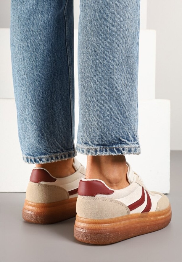 Beżowo-Bordowe Sneakersy w Stylu Klasycznych Tenisówek na Grubej Podeszwie Grelritia