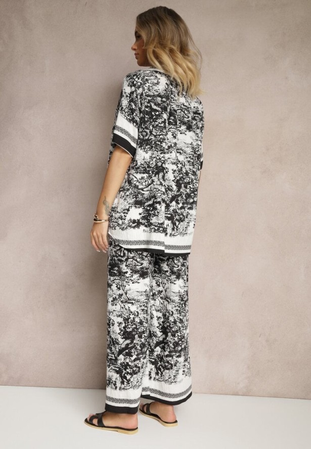 Czarny Komplet z Wiskozy Koszula i Spodnie z Motywem Roślinnym Ridiene