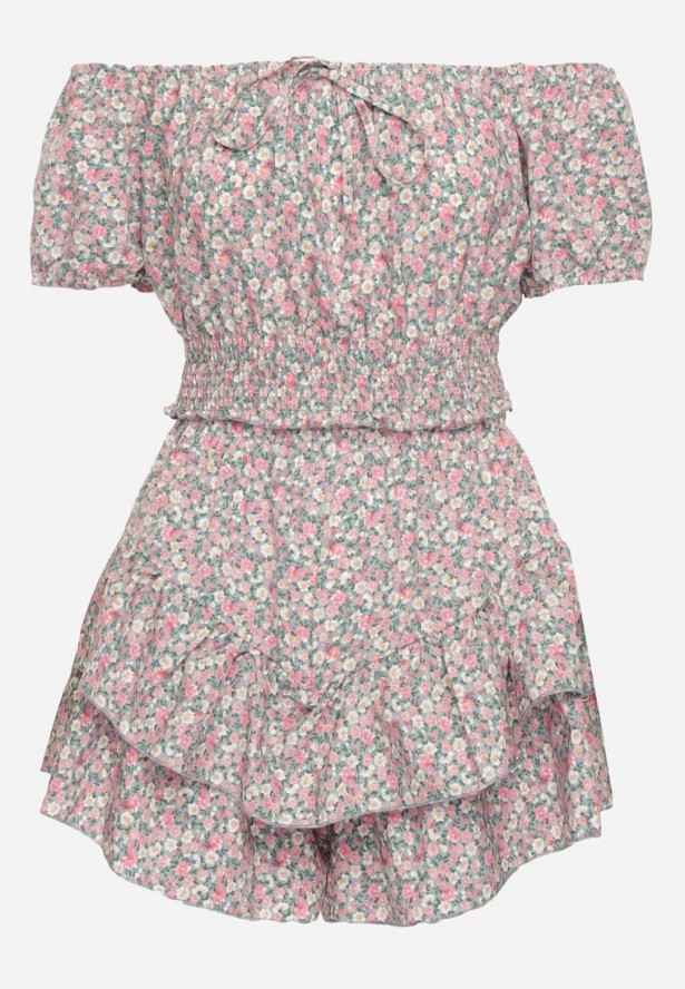 Zielono-Różowy Komplet Bluzka Hiszpanka i Spódnico-Spodenki z Falbankami Sadelissea