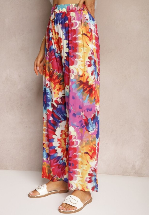 Czerwono-Niebieskie Wiskozowe Spodnie o Szerokim Kroju High Waist Tie Dye z Gumką w Talii Nalflea