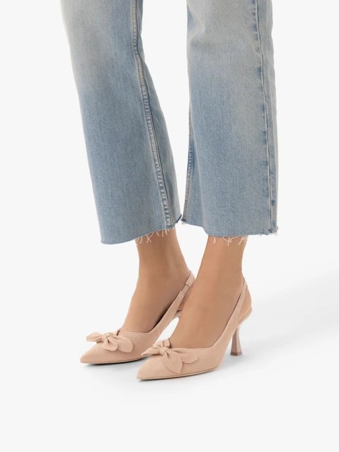 Różowe czółenka bez pięty slingback z kwiatem