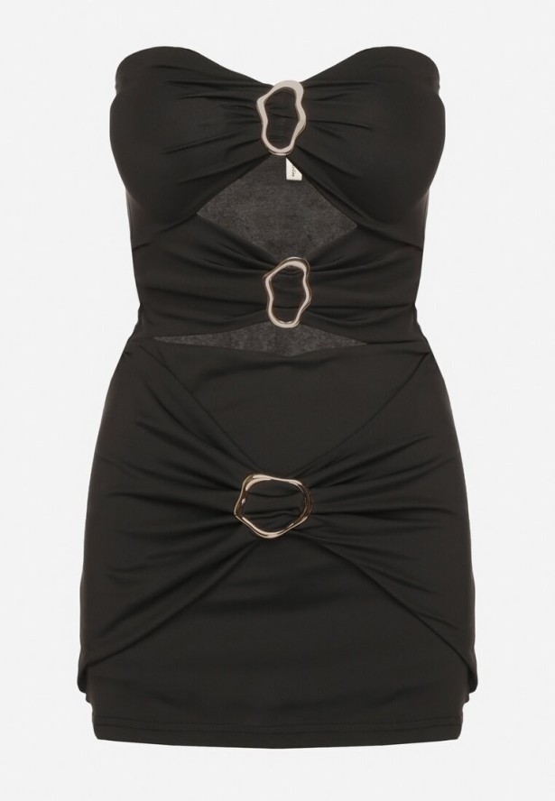 Czarny Komplet z Wiskozą Zdobiony Klamrami Top Bez Rękawów i Spódnica Mirasenia