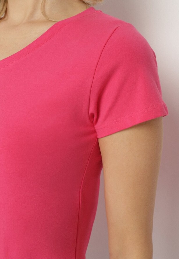 Różowy T-shirt Bawełniany z Trójkątnym Dekoltem Tolilara