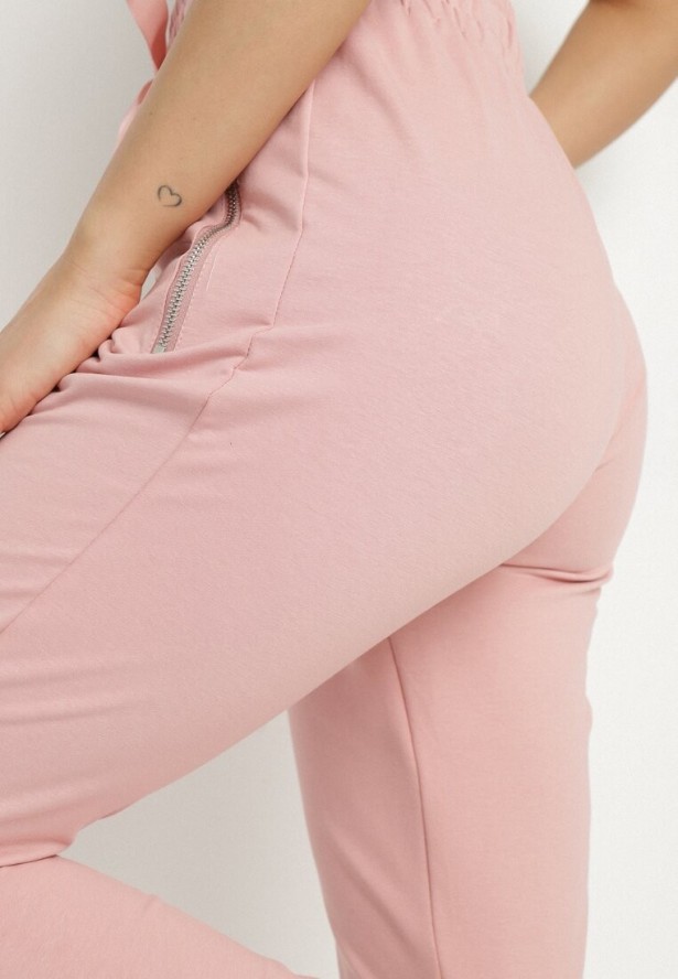 Różowe Bawełniane Spodnie Dresowe ze Ściągaczami i Wysokim Stanem Glindda