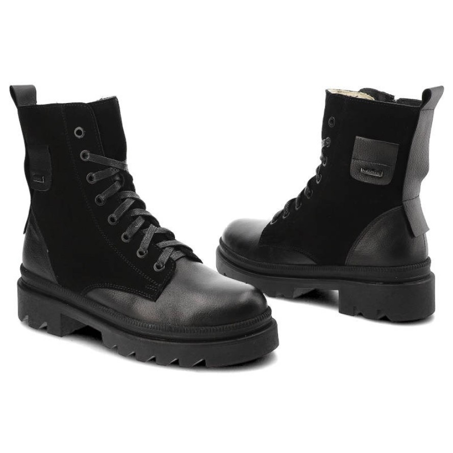 Czarne Botki Pollonus Skórzane Ocieplane Buty Damskie