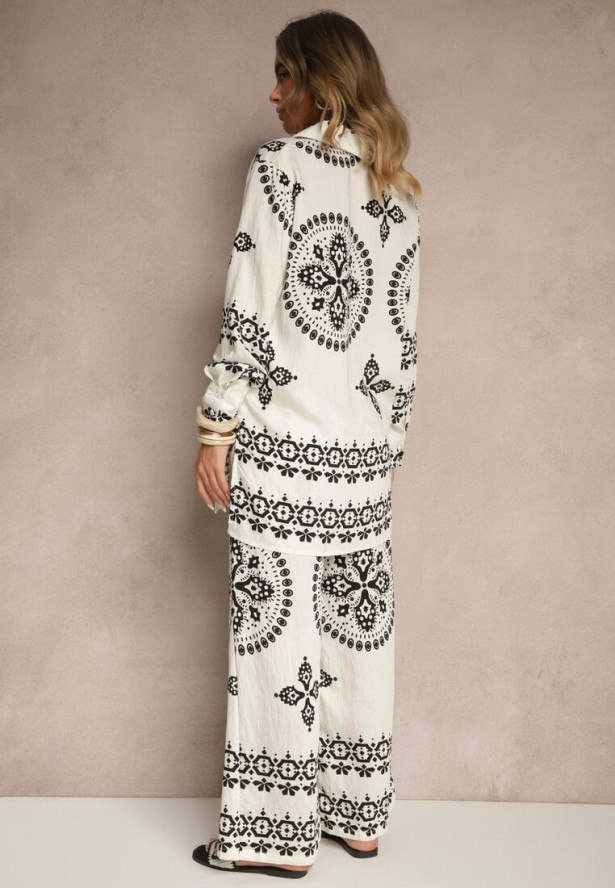 Beżowo-Czarny Komplet z Wiskozy w Ornamentalny Print Koszula i Szerokie Spodnie Pasniela