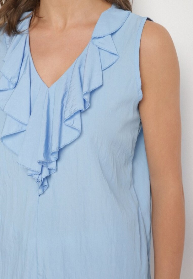 Niebieska Bluzka z Wiskozą Zdobiona Falbaną przy Dekolcie Palissea