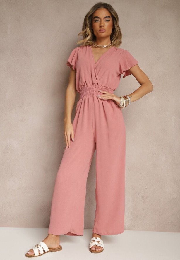 Różowy Kombinezon o Kopertowym Kroju z Gumką w Talii Martalia