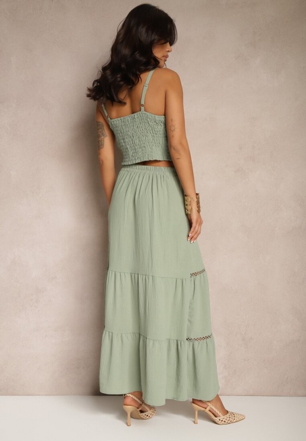 Zielony Komplet Top na Ramiączkach i Rozkloszowana Spódnica Amurra