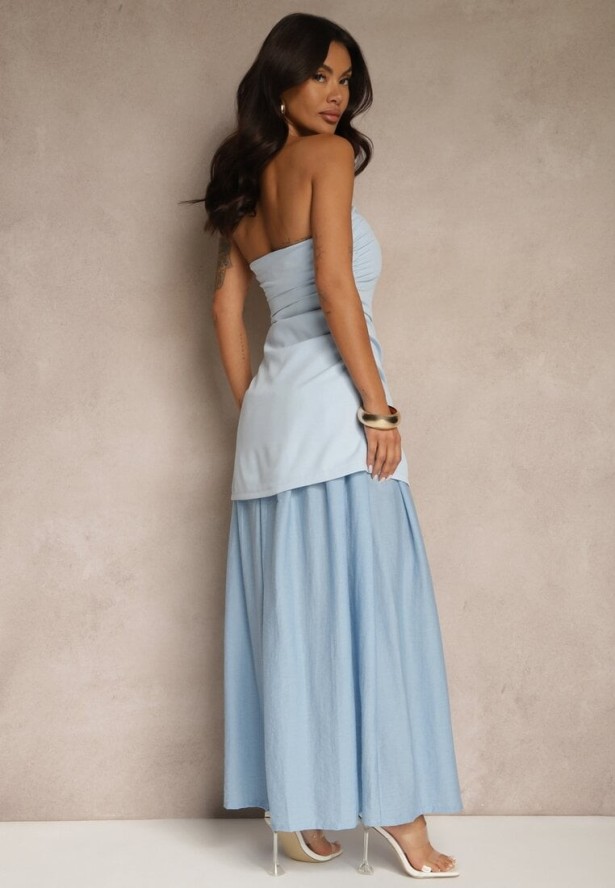 Niebieska Sukienka Koktajlowa z Dekoltem Bandeau Ozdobiona Marszczeniem Folimmea