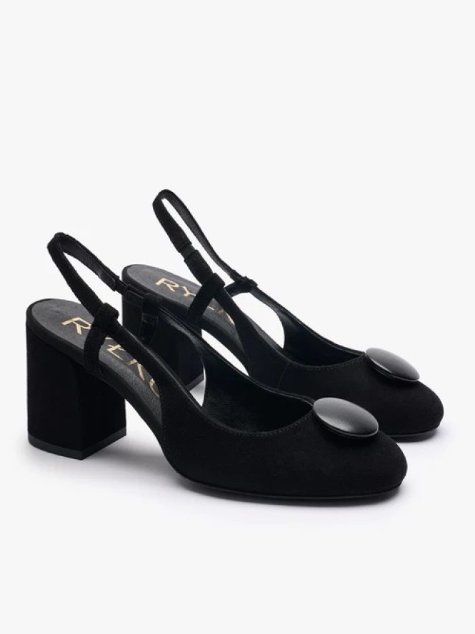 Czarne welurowe czółenka slingback bez pięty z ozdobą
