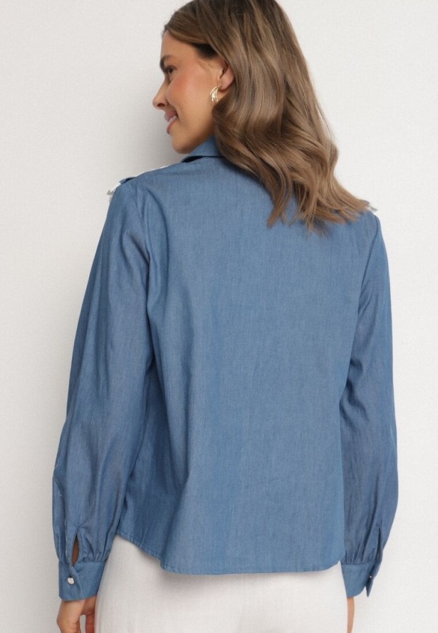 Niebieska Bawełniana Koszula w Rustykalnym Stylu z Koronką i Falbankami Lisalina