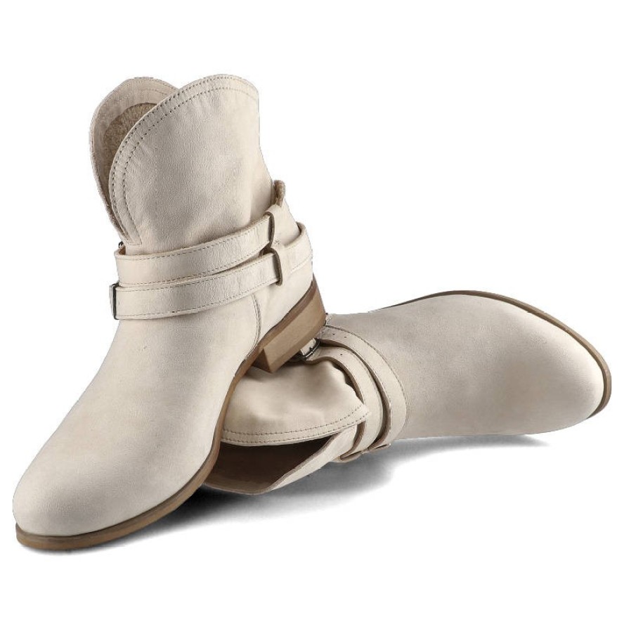 Beżowe Botki Pollonus Damskie Modne Buty Skórzane