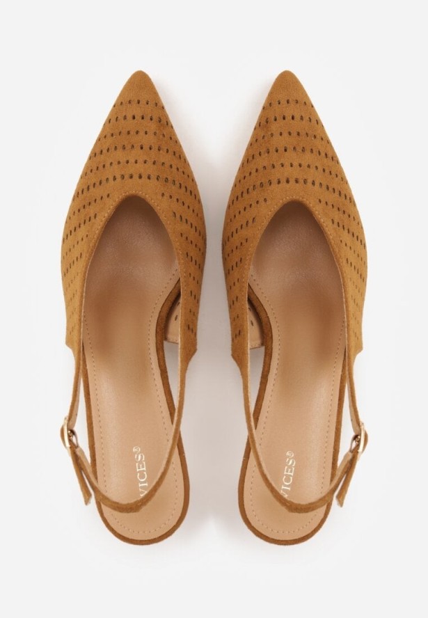 Brązowe Czółenka Slingback VICES na Kaczuszce z Ażurową Cholewką Klephei