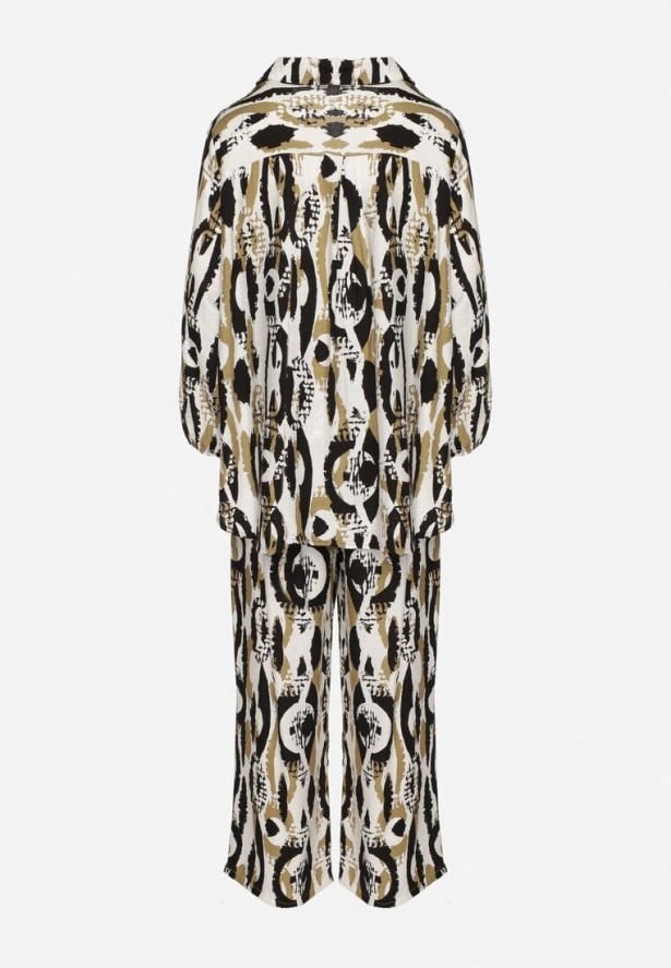 Czarno-Beżowy Komplet z Wiskozą w Abstrakcyjny Wzór Koszulowa Bluzka i Spodnie Sarivone