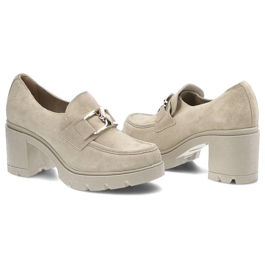 Półbuty damskie Lemar, wykonane ze skóry zamszowej z metalową klamrą na podbiciu grubą podeszwą z tworzywa i szerokim obcasem, beżowo-złote, 20097-W