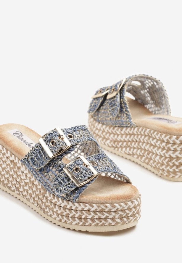 Niebieskie Tweedowe Klapki na Koturnie z Plecionką Desinora