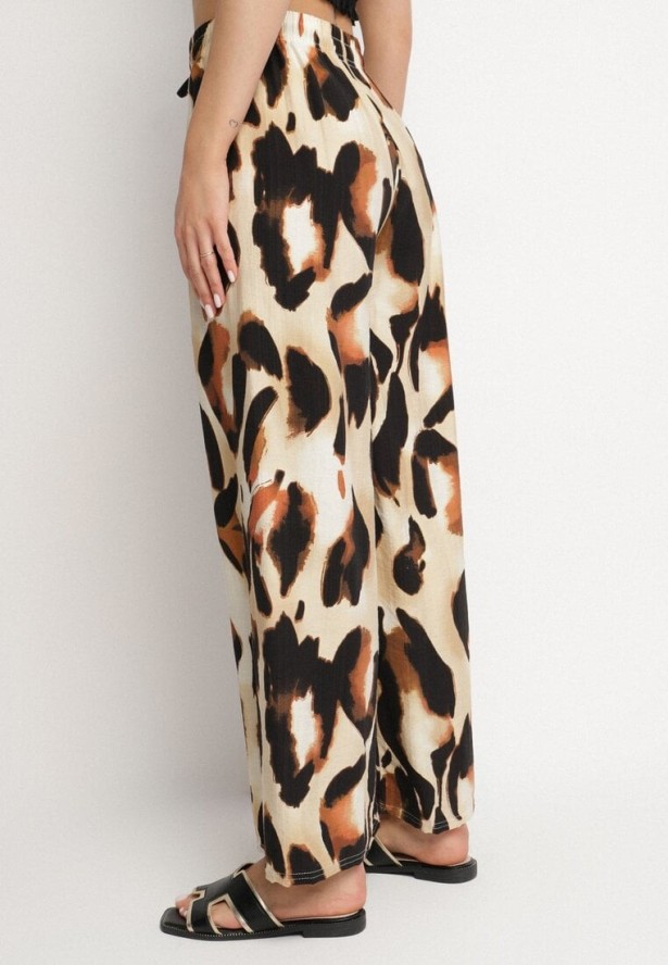 Beżowe Spodnie z Wiskozy o Szerokim Kroju z Wysokim Stanem w Panterkę Zelmara