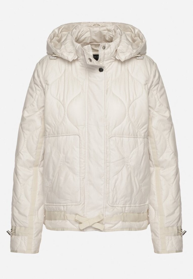 Biała Kurtka Pikowana z Odpinanym Kapturem ze Ściągaczami Erathena