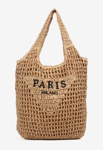 Ciemnobeżowa Torebka Shopper z Plecionką i Napisami Navessa