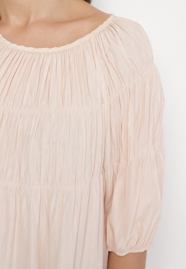 Jasnoróżowa Bluzka z Ozdobnymi Marszczeniami i Rękawami w Gumkę z Wiskozą Wenessa