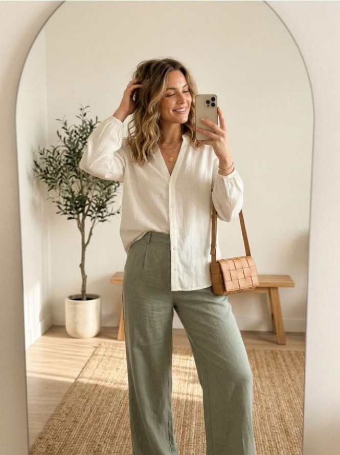 Żakardowa koszula z bufiastym rękawem - kremowy