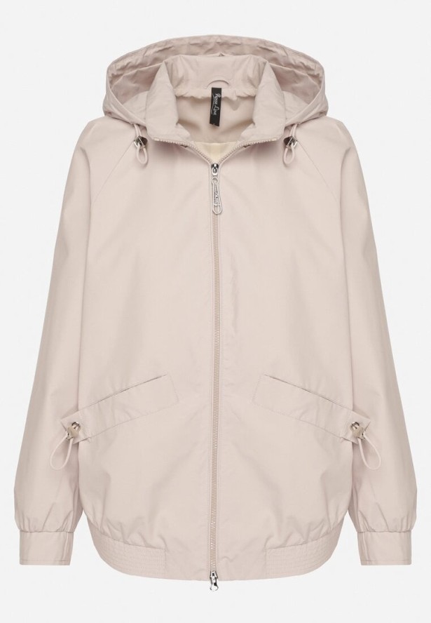 Jasnobeżowa Kurtka Parka o Pudełkowym Kroju ze Ściągaczem w Talii i Kapturem Sesoliena