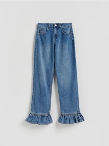 Jeansy wide leg z falbankami - niebieski