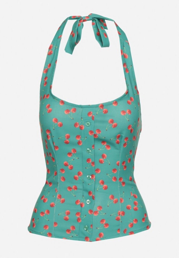 Zielona Bluzka z Odkrytymi Plecami i Wiązaniem Zdobiona Guzikami Tolanesse