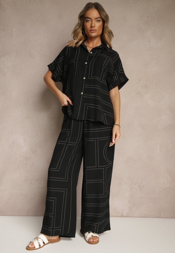 Czarny Komplet z Wiskozą i Lnem Spodnie i Koszula z Geometrycznym Motywem Fevalette